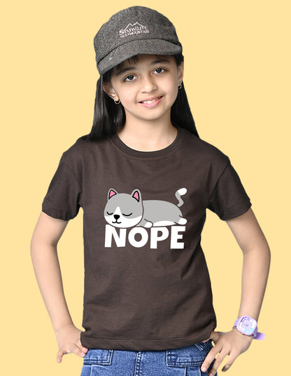 Nusyl Girls Brown Nope text Printed  Short sleeve Cotton Blend Oversized T-shirts