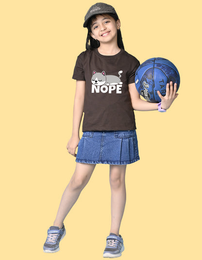 Nusyl Girls Brown Nope text Printed  Short sleeve Cotton Blend Oversized T-shirts