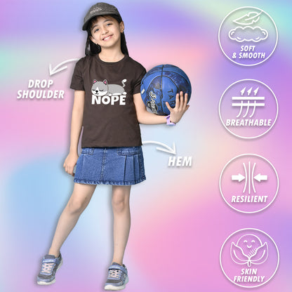 Nusyl Girls Brown Nope text Printed  Short sleeve Cotton Blend Oversized T-shirts