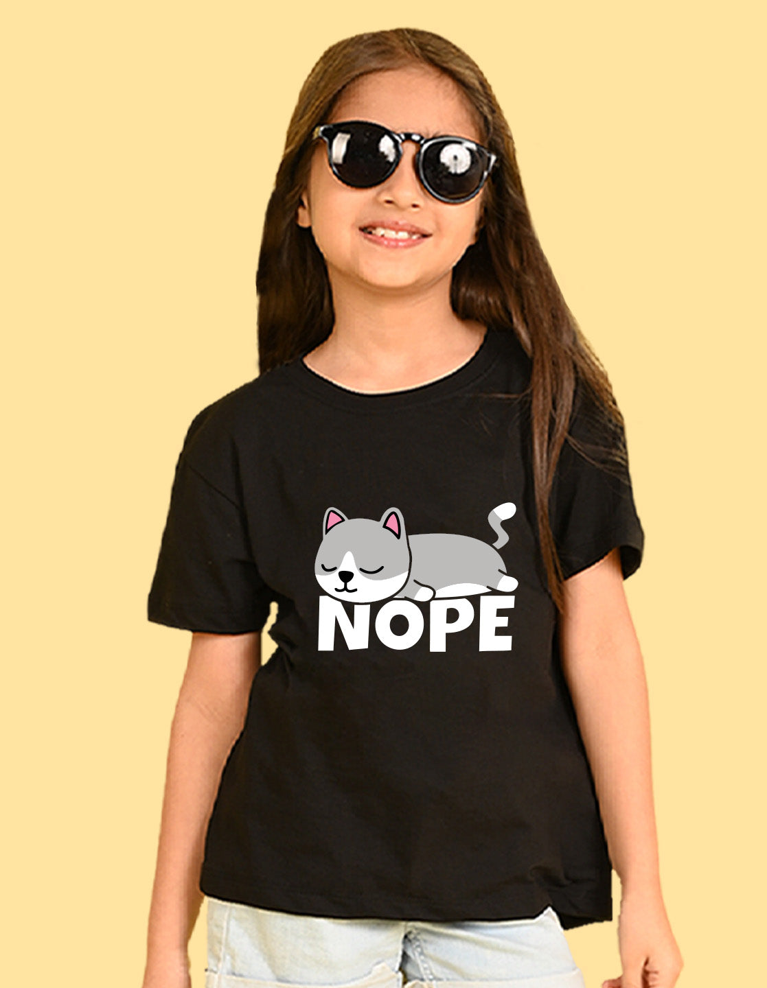 Nusyl Girls Black Nope text Printed  Short sleeve Cotton Blend Oversized T-shirts