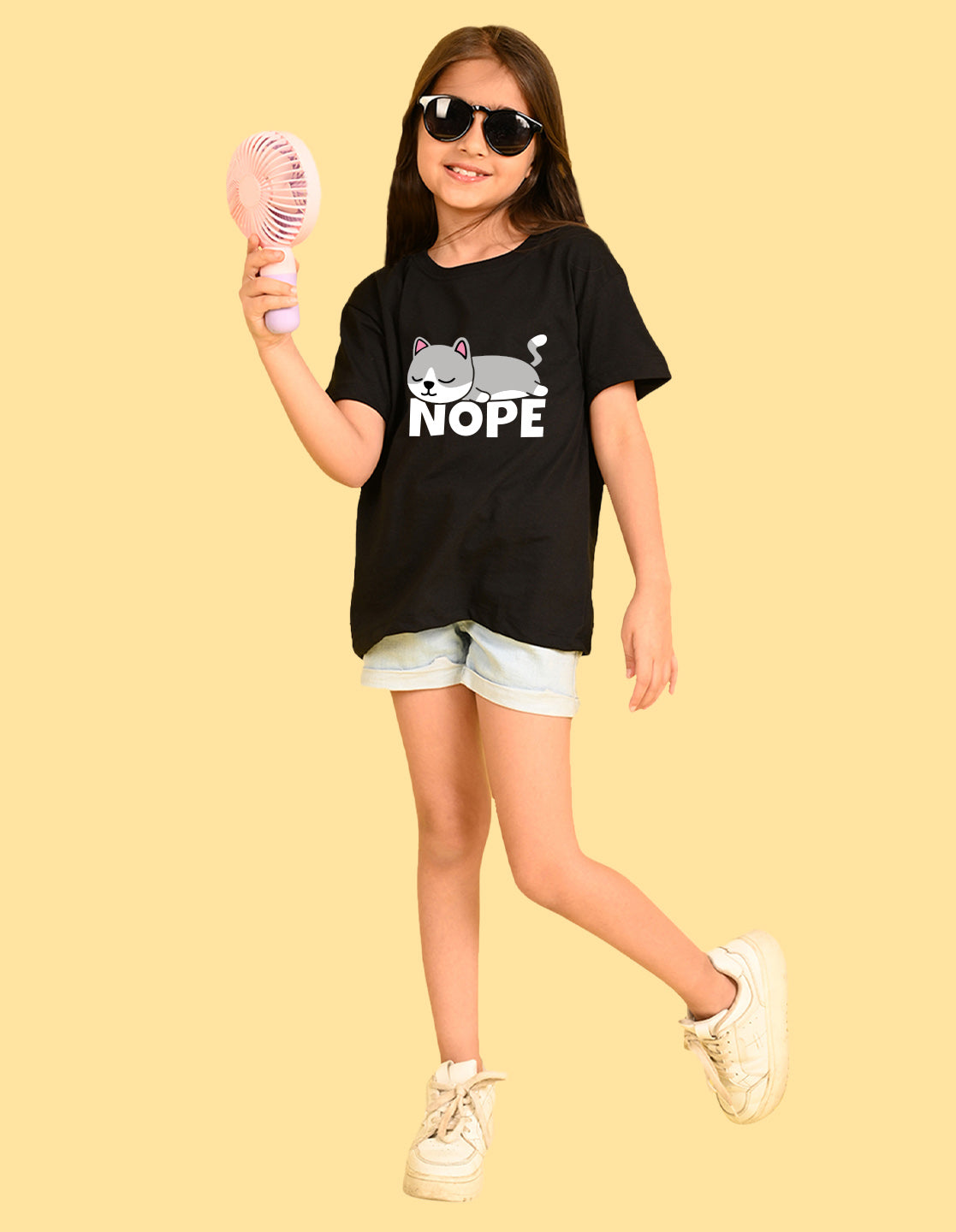 Nusyl Girls Black Nope text Printed  Short sleeve Cotton Blend Oversized T-shirts