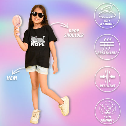 Nusyl Girls Black Nope text Printed  Short sleeve Cotton Blend Oversized T-shirts