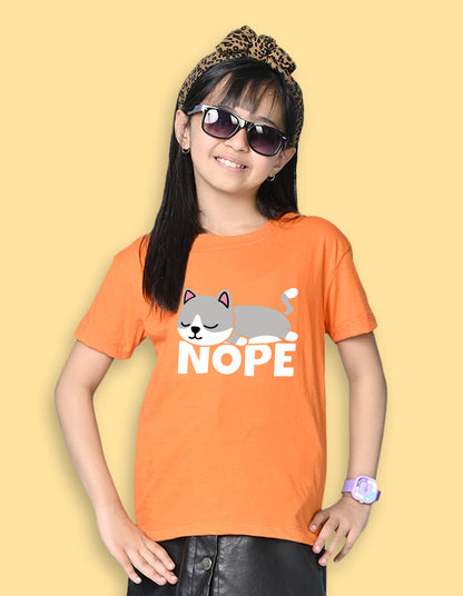 Nusyl Girls Orange Nope text Printed  Short sleeve Cotton Blend Oversized T-shirts