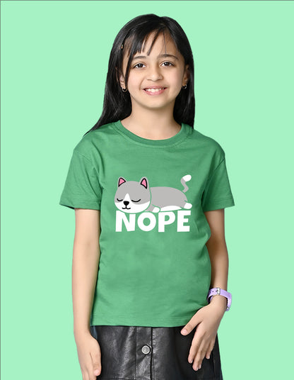 Nusyl Girls Green Nope text Printed  Short sleeve Cotton Blend Oversized T-shirts
