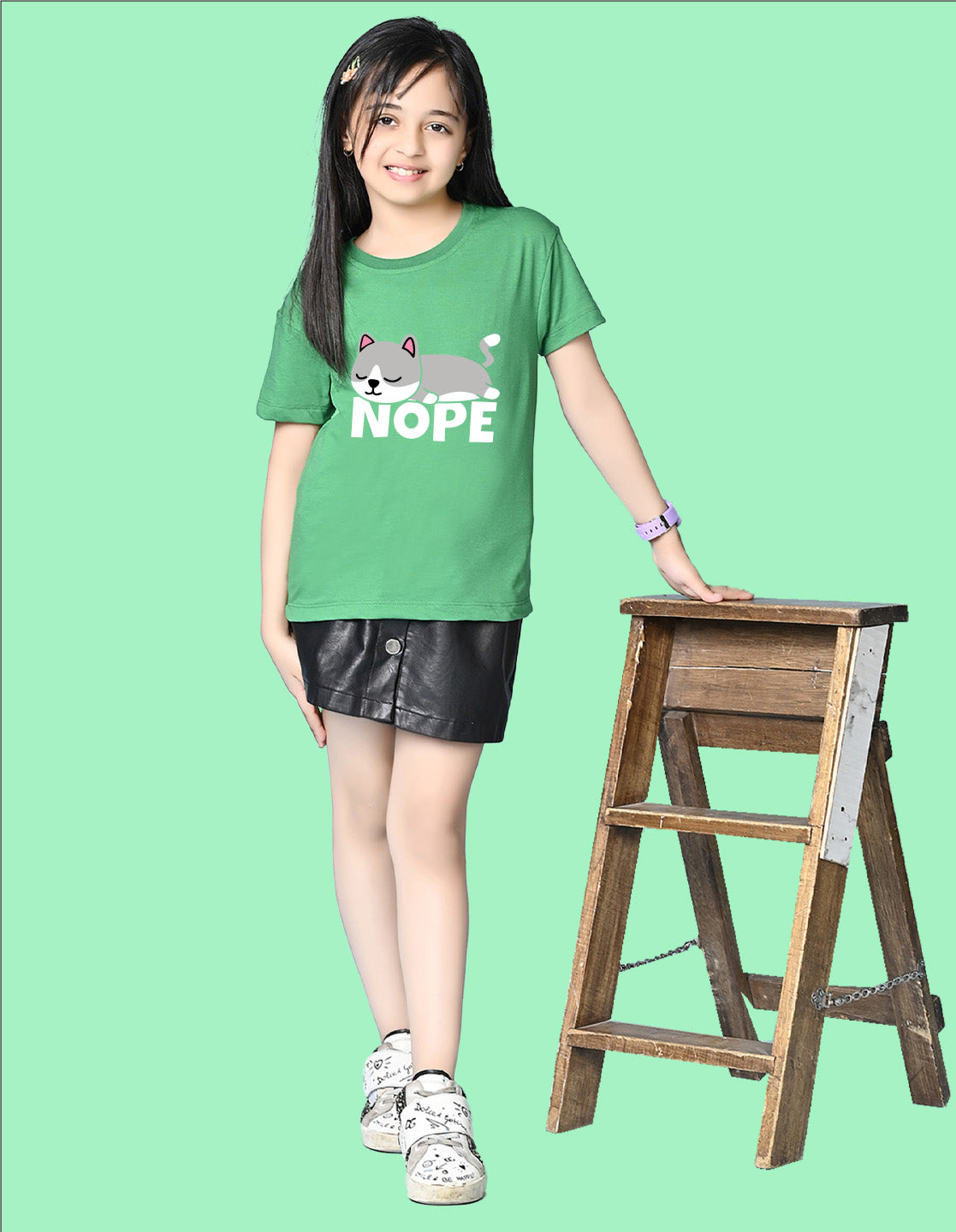 Nusyl Girls Green Nope text Printed  Short sleeve Cotton Blend Oversized T-shirts