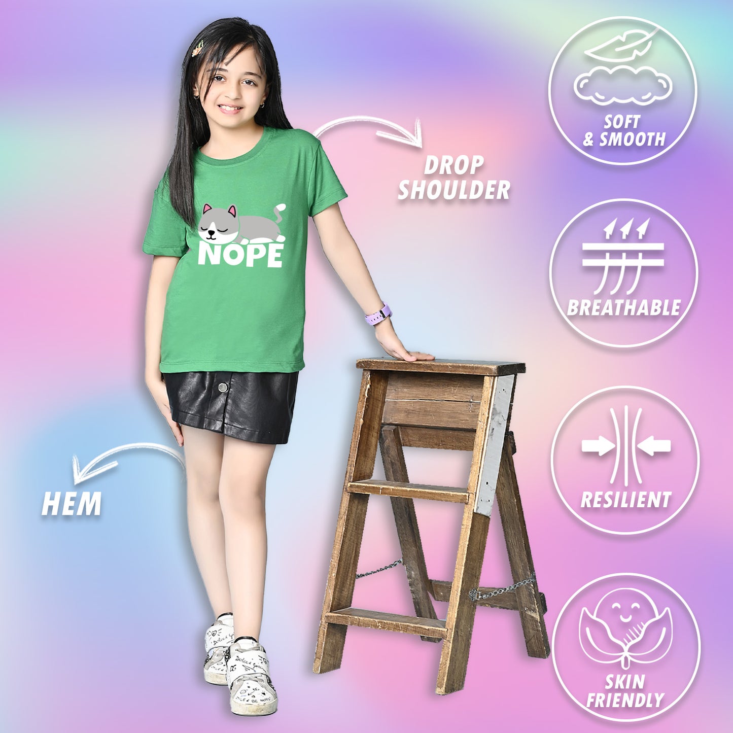 Nusyl Girls Green Nope text Printed  Short sleeve Cotton Blend Oversized T-shirts