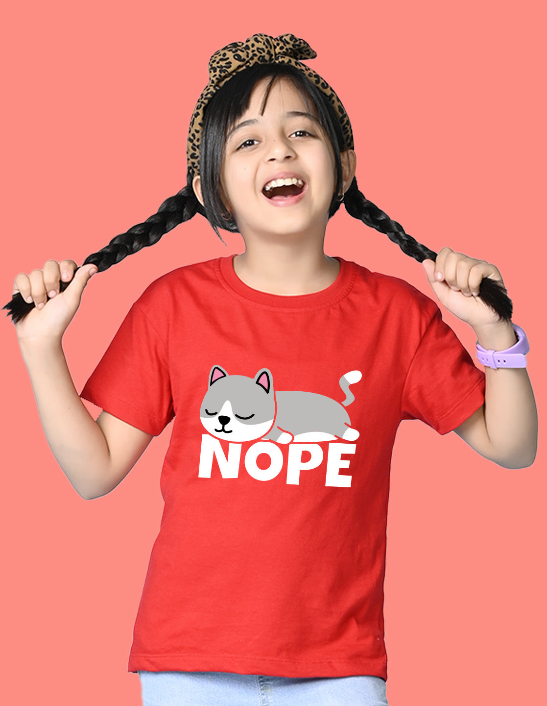 Nusyl Girls Red Nope text Printed  Short sleeve Cotton Blend Oversized T-shirts