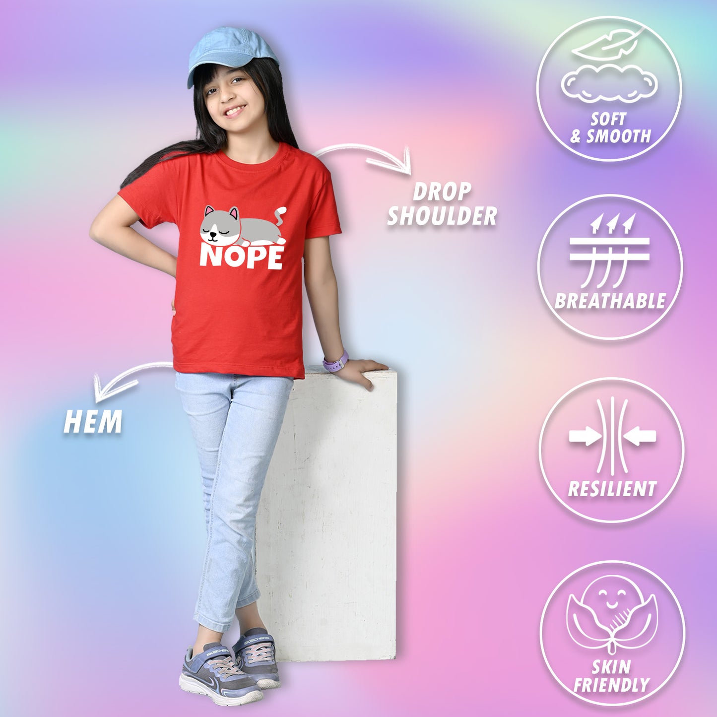 Nusyl Girls Red Nope text Printed  Short sleeve Cotton Blend Oversized T-shirts