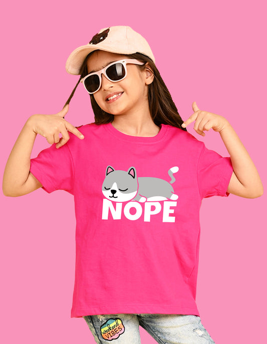 Nusyl Girls Hot Pink Nope text Printed  Short sleeve Cotton Blend Oversized T-shirts
