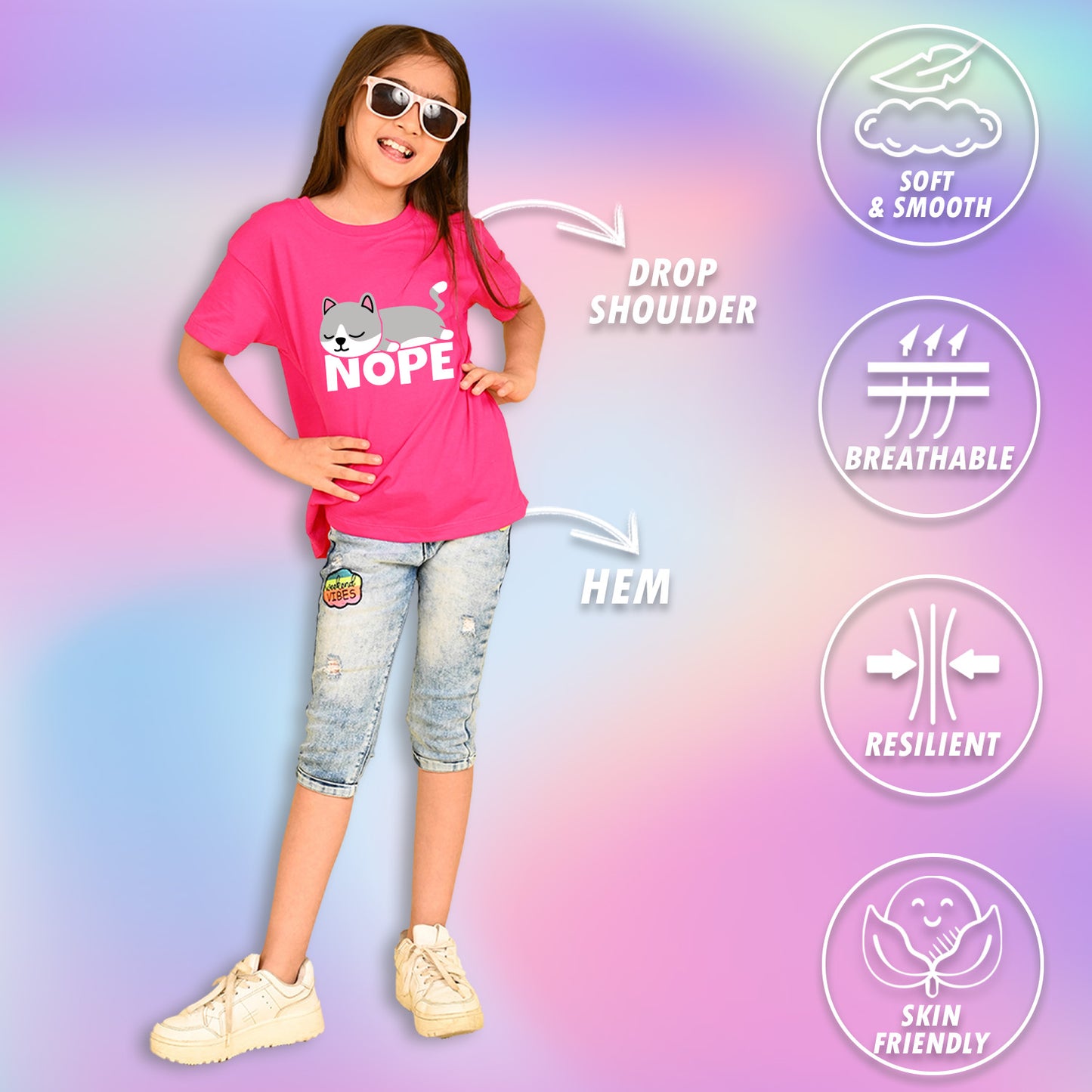 Nusyl Girls Hot Pink Nope text Printed  Short sleeve Cotton Blend Oversized T-shirts