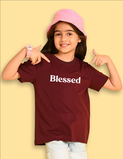 Nusyl Girls Wine Blessed Text Printed  Short sleeve Cotton Blend Oversized T-shirts