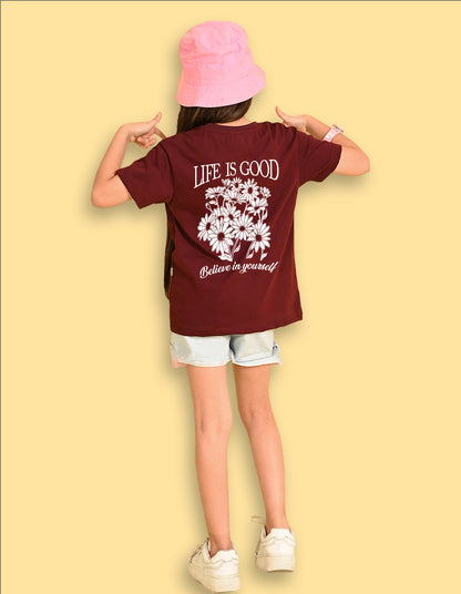 Nusyl Girls Wine Blessed Text Printed  Short sleeve Cotton Blend Oversized T-shirts