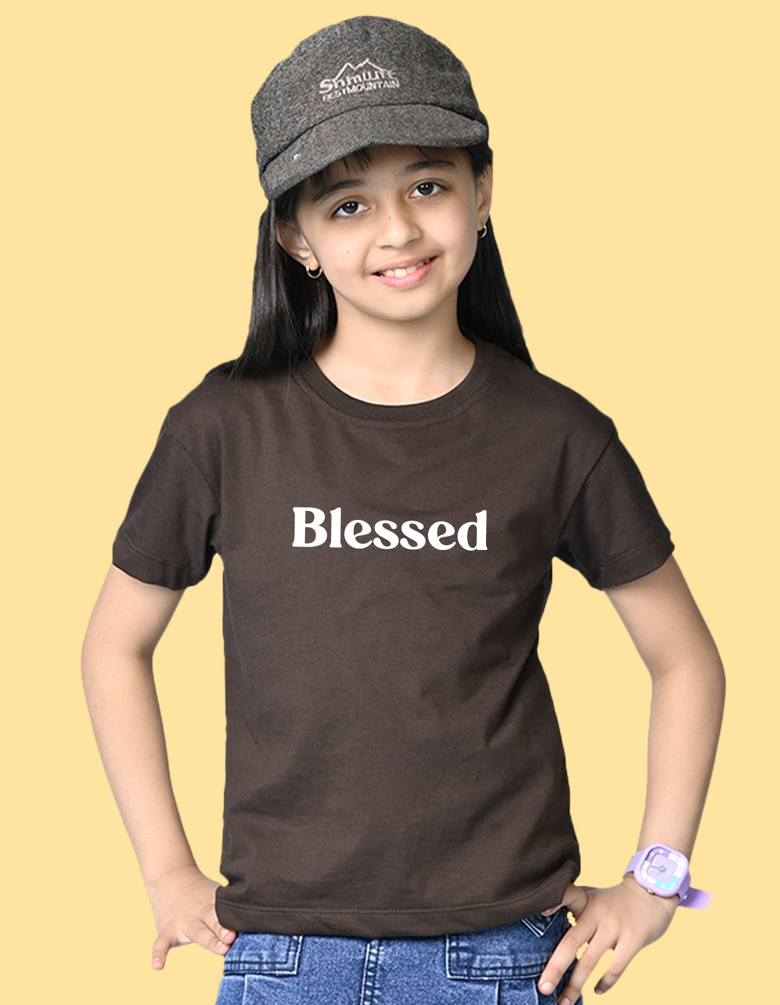 Nusyl Girls Brown Blessed Text Printed  Short sleeve Cotton Blend Oversized T-shirts