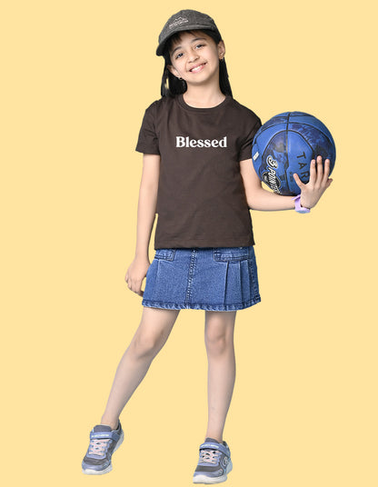 Nusyl Girls Brown Blessed Text Printed  Short sleeve Cotton Blend Oversized T-shirts