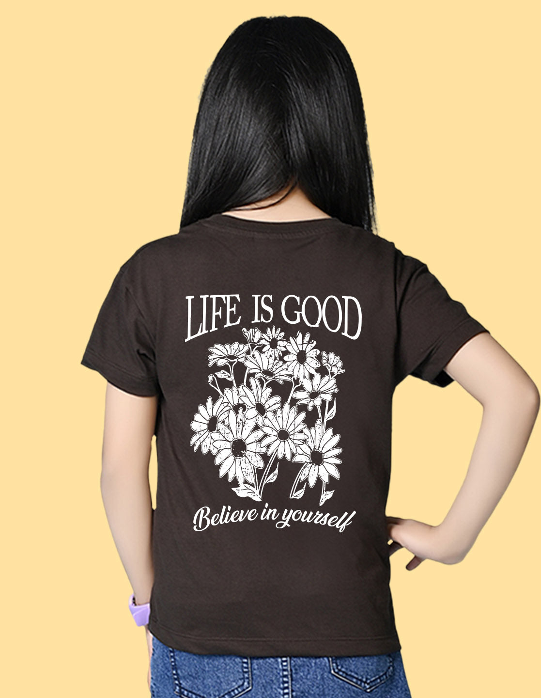 Nusyl Girls Brown Blessed Text Printed  Short sleeve Cotton Blend Oversized T-shirts