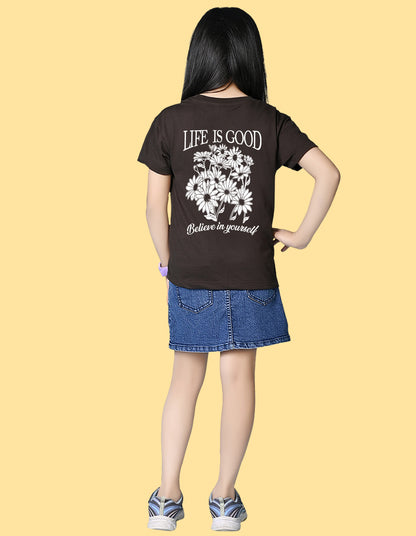 Nusyl Girls Brown Blessed Text Printed  Short sleeve Cotton Blend Oversized T-shirts