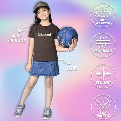 Nusyl Girls Brown Blessed Text Printed  Short sleeve Cotton Blend Oversized T-shirts