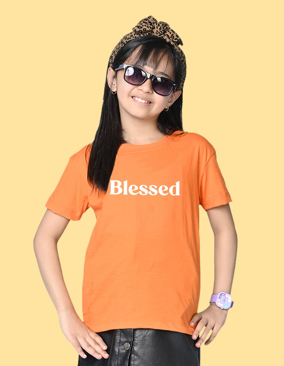 Nusyl Girls Orange Blessed Text Printed  Short sleeve Cotton Blend Oversized T-shirts