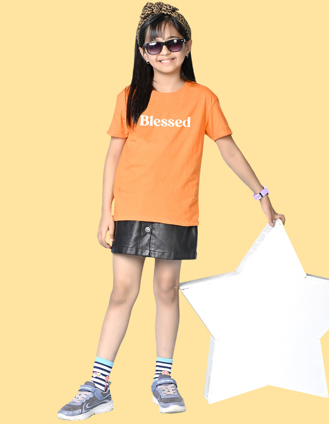Nusyl Girls Orange Blessed Text Printed  Short sleeve Cotton Blend Oversized T-shirts