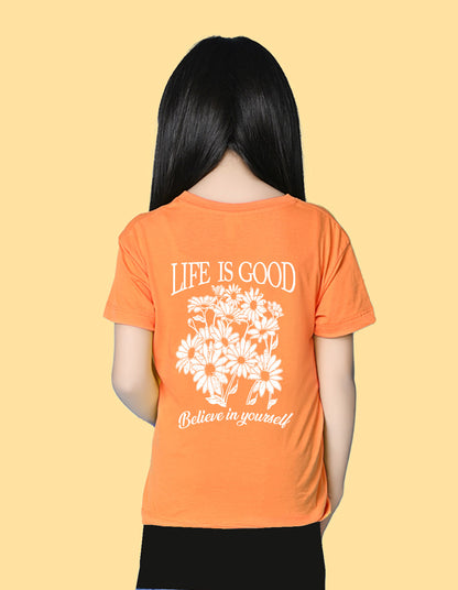 Nusyl Girls Orange Blessed Text Printed  Short sleeve Cotton Blend Oversized T-shirts