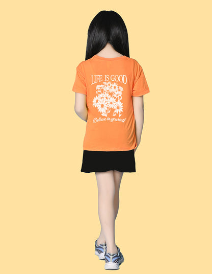 Nusyl Girls Orange Blessed Text Printed  Short sleeve Cotton Blend Oversized T-shirts