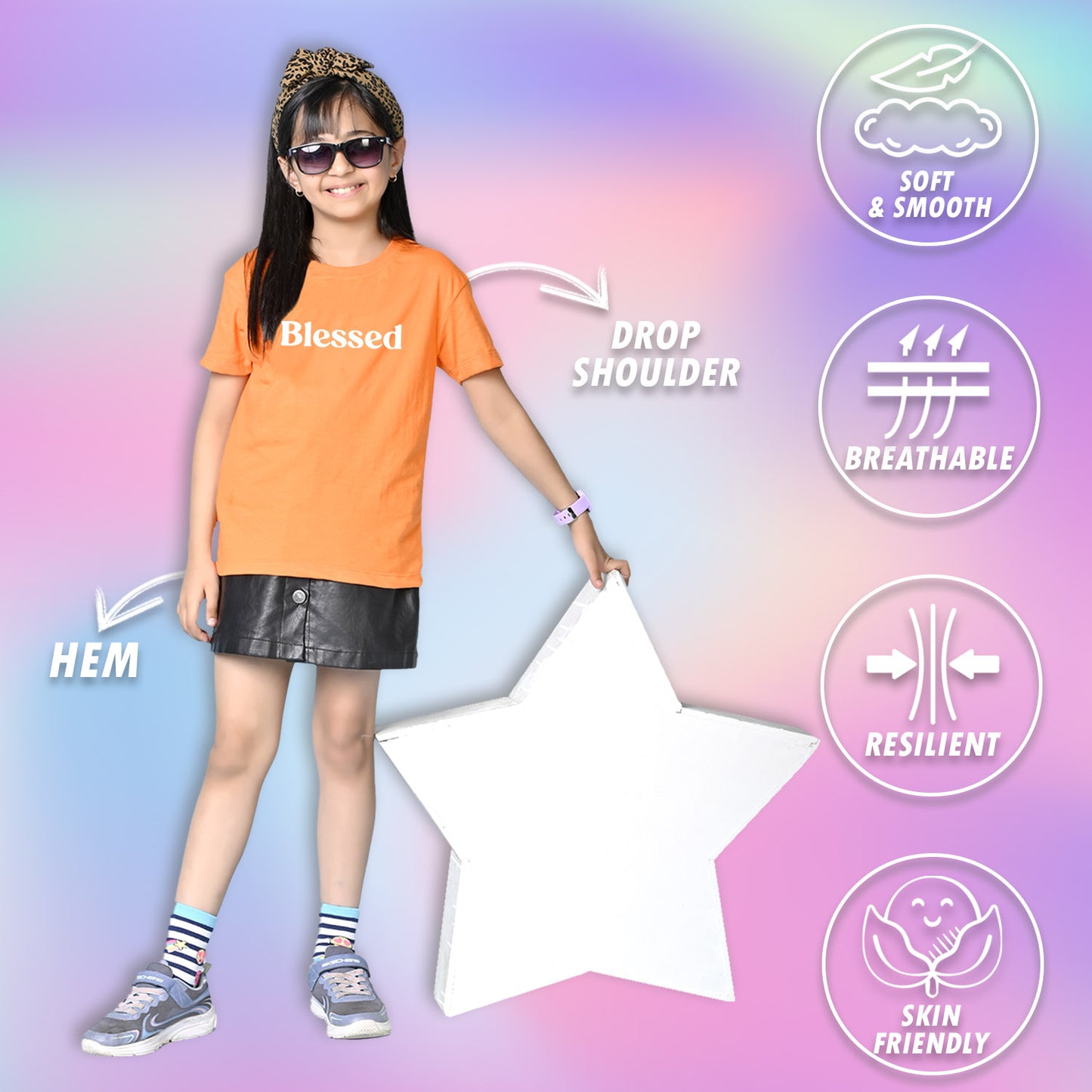 Nusyl Girls Orange Blessed Text Printed  Short sleeve Cotton Blend Oversized T-shirts