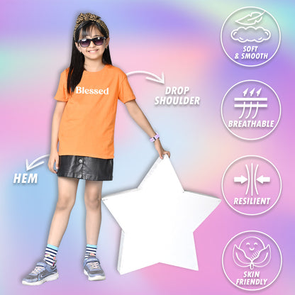 Nusyl Girls Orange Blessed Text Printed  Short sleeve Cotton Blend Oversized T-shirts