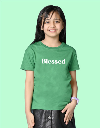 Nusyl Girls Green Blessed Text Printed  Short sleeve Cotton Blend Oversized T-shirts