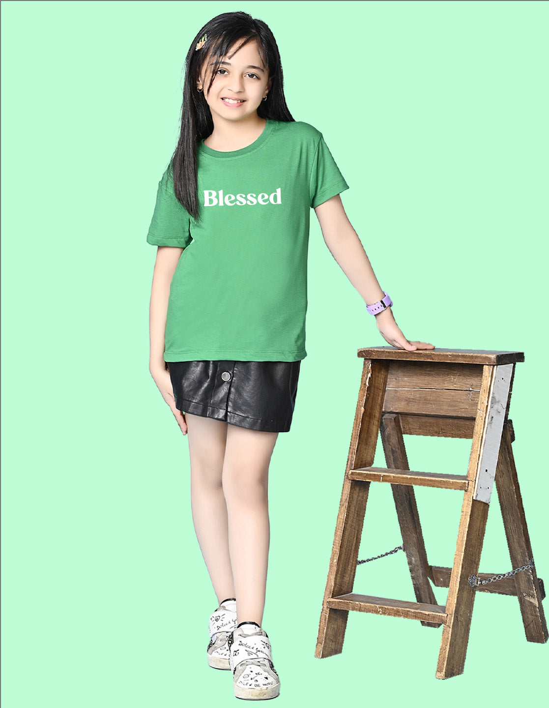 Nusyl Girls Green Blessed Text Printed  Short sleeve Cotton Blend Oversized T-shirts