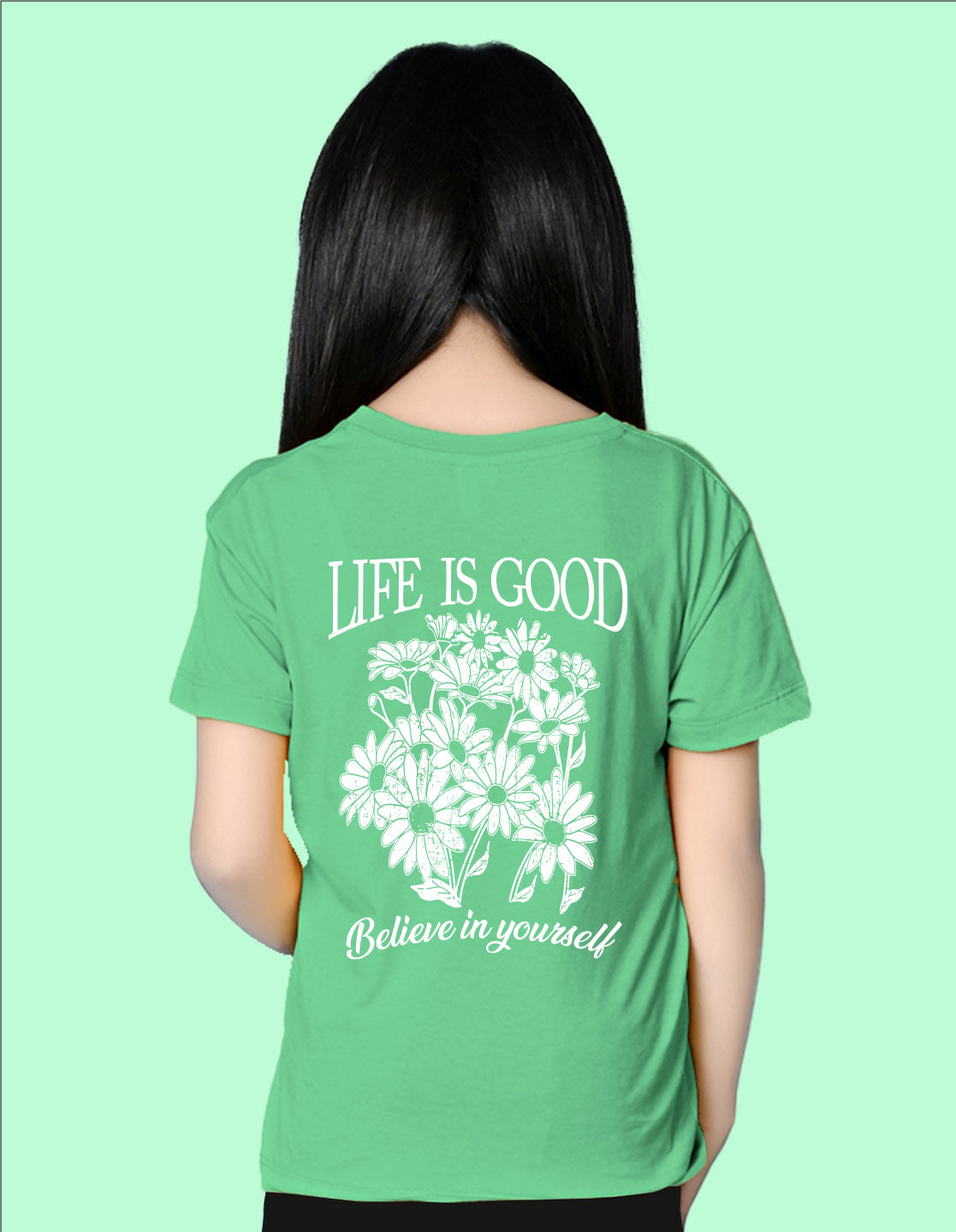 Nusyl Girls Green Blessed Text Printed  Short sleeve Cotton Blend Oversized T-shirts