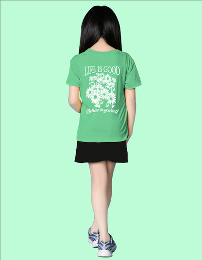 Nusyl Girls Green Blessed Text Printed  Short sleeve Cotton Blend Oversized T-shirts