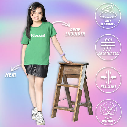 Nusyl Girls Green Blessed Text Printed  Short sleeve Cotton Blend Oversized T-shirts