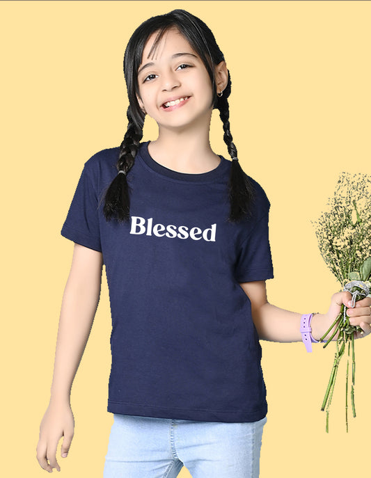 Nusyl Girls Navy Blue Blessed Text Printed  Short sleeve Cotton Blend Oversized T-shirts