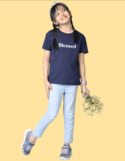Nusyl Girls Navy Blue Blessed Text Printed  Short sleeve Cotton Blend Oversized T-shirts