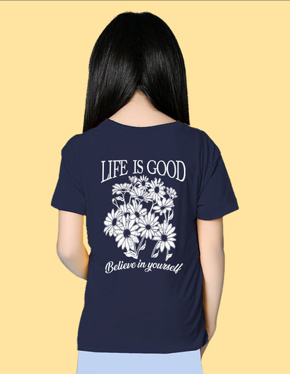Nusyl Girls Navy Blue Blessed Text Printed  Short sleeve Cotton Blend Oversized T-shirts