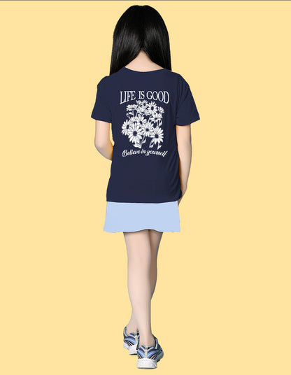 Nusyl Girls Navy Blue Blessed Text Printed  Short sleeve Cotton Blend Oversized T-shirts