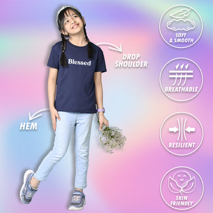 Nusyl Girls Navy Blue Blessed Text Printed  Short sleeve Cotton Blend Oversized T-shirts