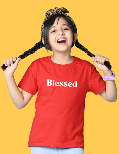 Nusyl Girls Red Blessed Text Printed  Short sleeve Cotton Blend Oversized T-shirts