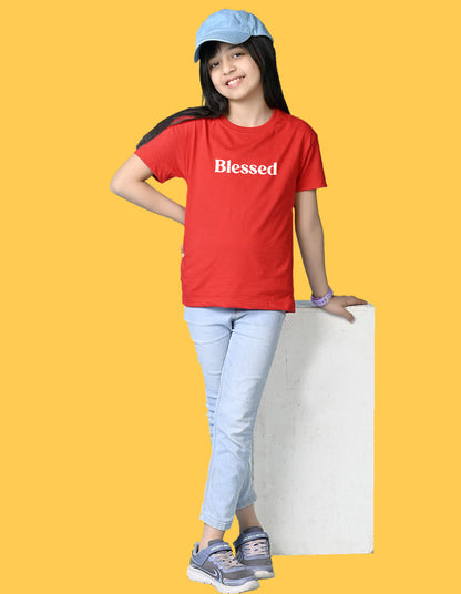 Nusyl Girls Red Blessed Text Printed  Short sleeve Cotton Blend Oversized T-shirts