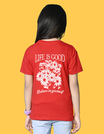 Nusyl Girls Red Blessed Text Printed  Short sleeve Cotton Blend Oversized T-shirts