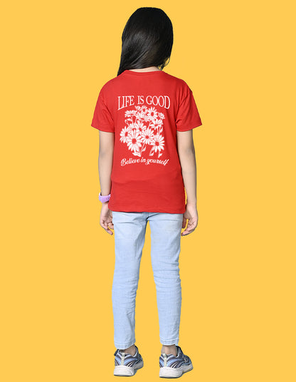 Nusyl Girls Red Blessed Text Printed  Short sleeve Cotton Blend Oversized T-shirts