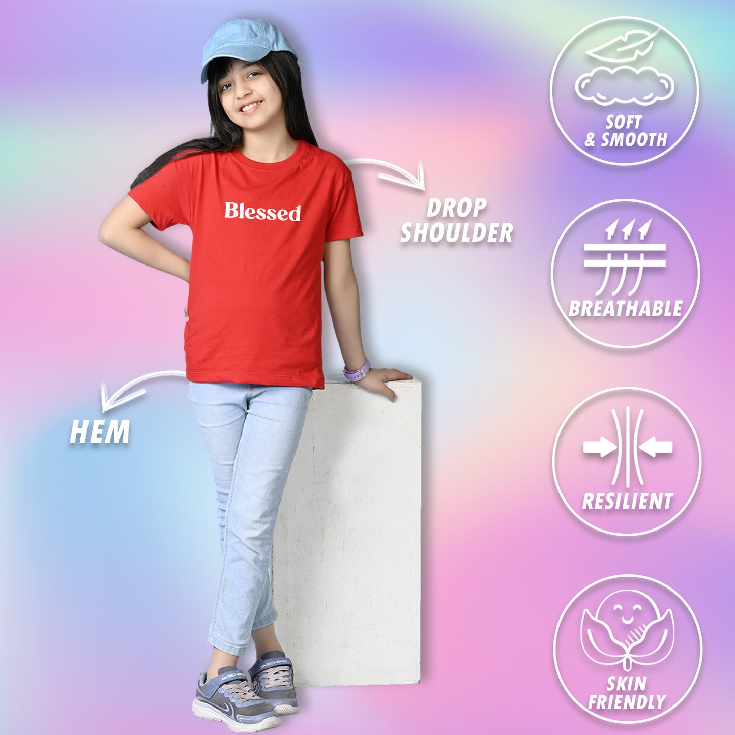 Nusyl Girls Red Blessed Text Printed  Short sleeve Cotton Blend Oversized T-shirts