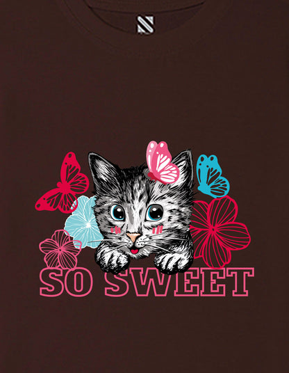 Nusyl Girls Brown cat & so sweet text Printed  Short sleeve Cotton Blend Oversized T-shirts