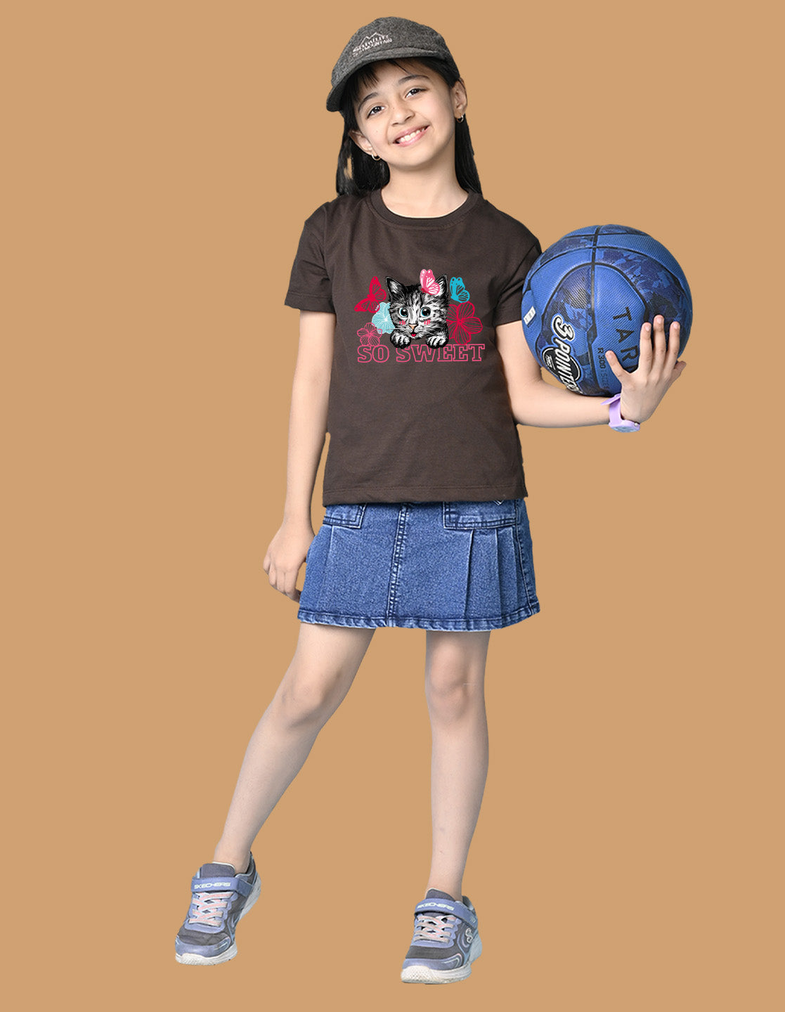 Nusyl Girls Brown cat & so sweet text Printed  Short sleeve Cotton Blend Oversized T-shirts