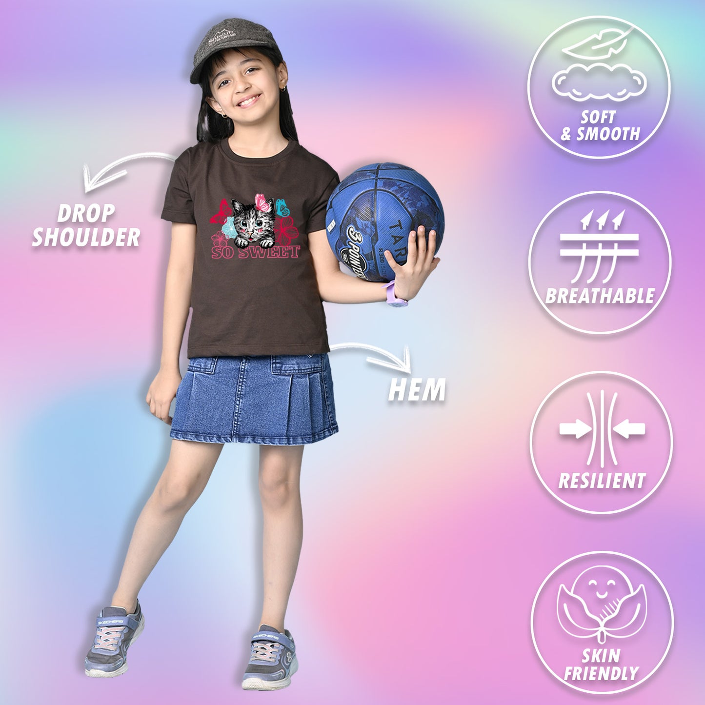 Nusyl Girls Brown cat & so sweet text Printed  Short sleeve Cotton Blend Oversized T-shirts