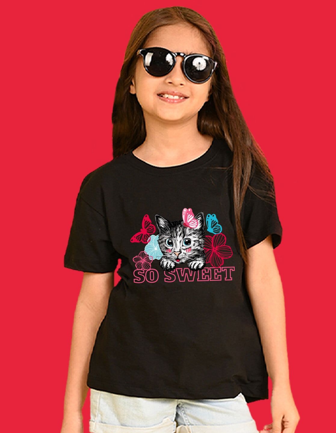 Nusyl Girls Black cat & so sweet text Printed  Short sleeve Cotton Blend Oversized T-shirts