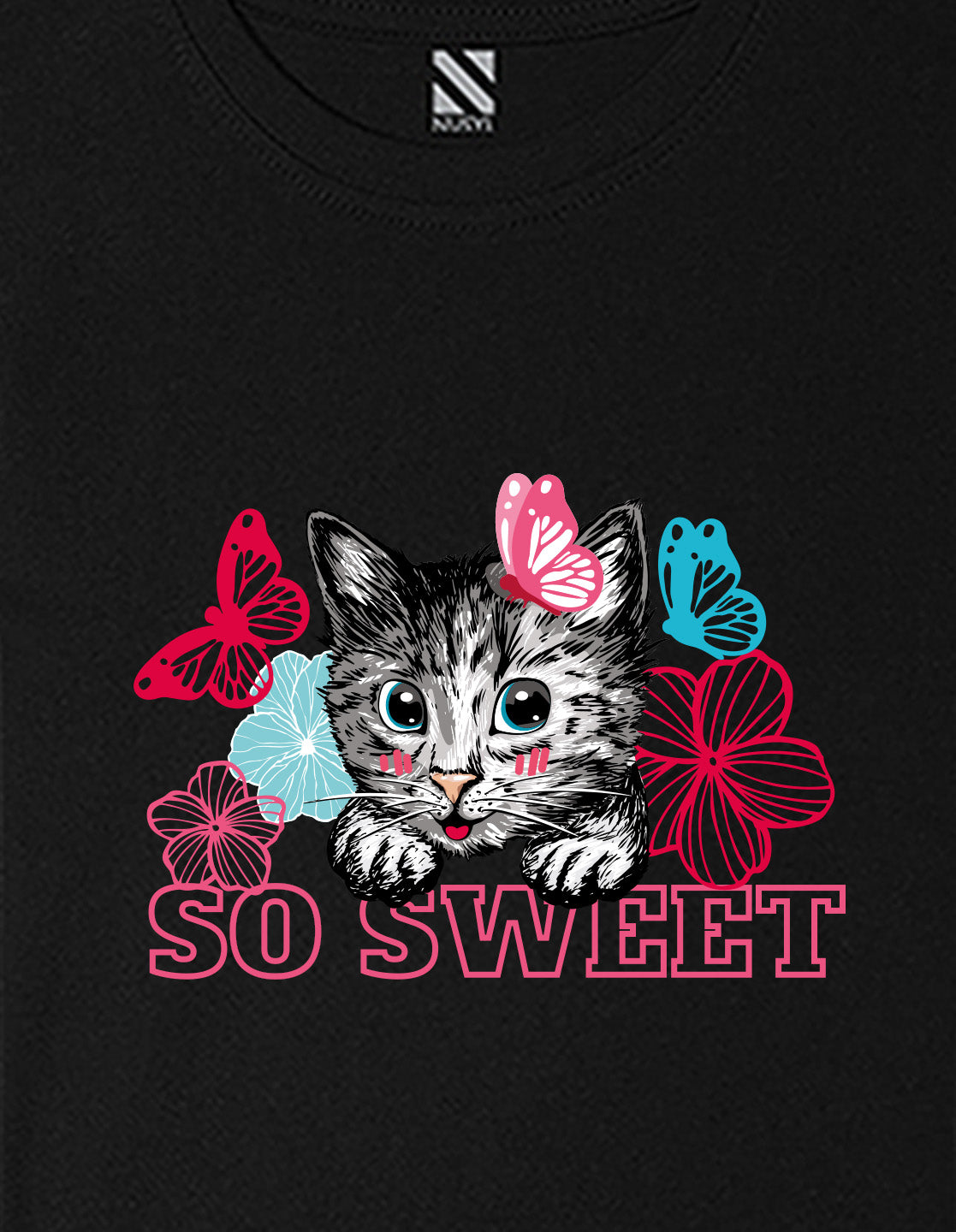Nusyl Girls Black cat & so sweet text Printed  Short sleeve Cotton Blend Oversized T-shirts