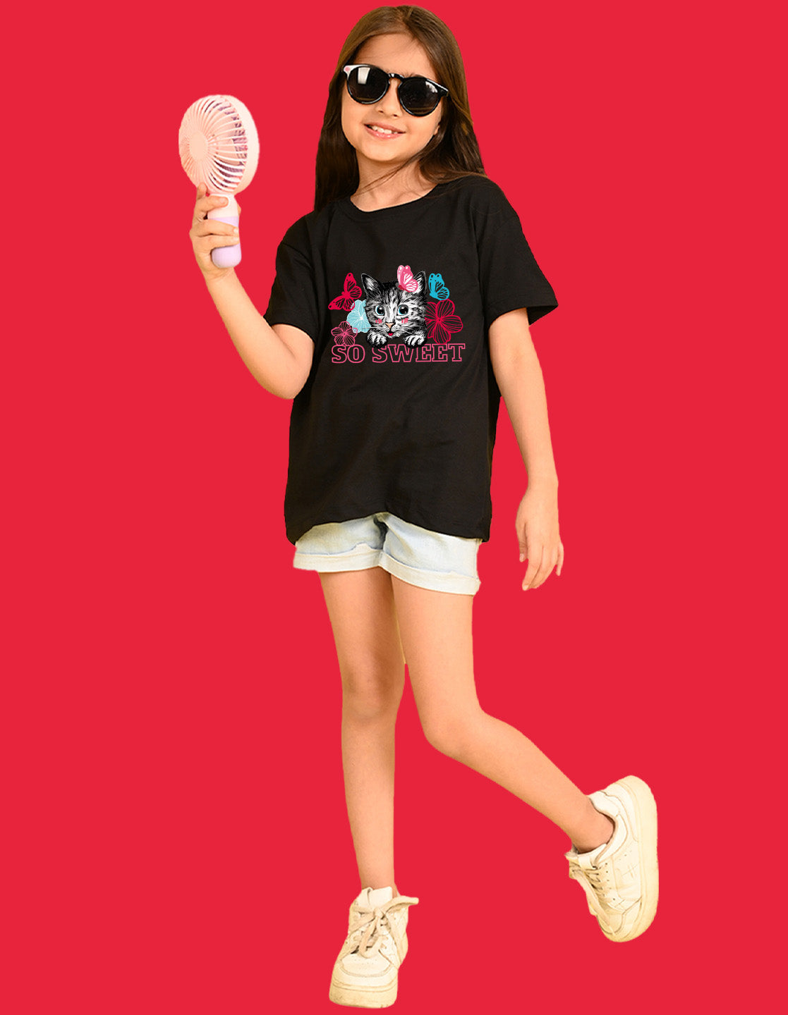 Nusyl Girls Black cat & so sweet text Printed  Short sleeve Cotton Blend Oversized T-shirts