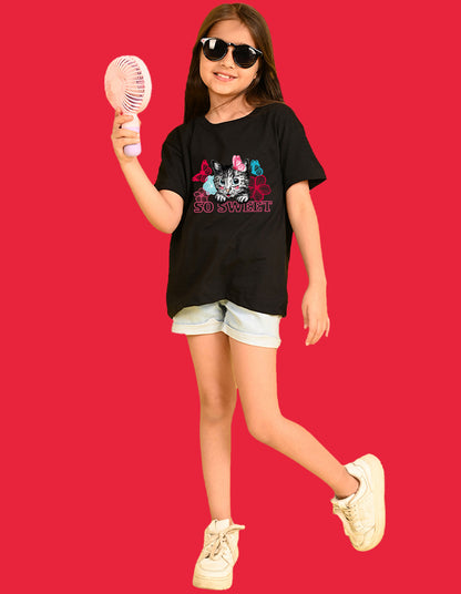Nusyl Girls Black cat & so sweet text Printed  Short sleeve Cotton Blend Oversized T-shirts