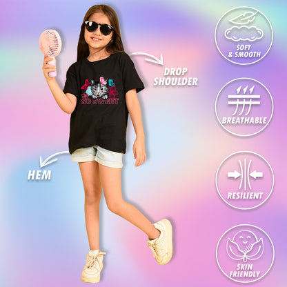 Nusyl Girls Black cat & so sweet text Printed  Short sleeve Cotton Blend Oversized T-shirts